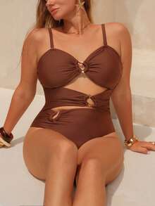 Swim Chiccia Plus Size One-Piece Swimsuit, Solid Color With Metallic Accents, Elegant Series For Women - Brown - View 3