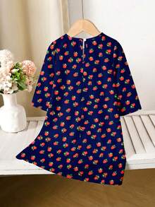 SHEIN Vestido de niña bebé, elegante y vintage, con estampado distintivo de rosa burdeos y encaje dorado, adecuado para primavera/verano, fiestas, celebraciones, princesa, dama elegante, vestido suelto de manga larga y cuello en V, adecuado para festivales, uso diario, salidas y días festivos - Multicolor - Ver 3