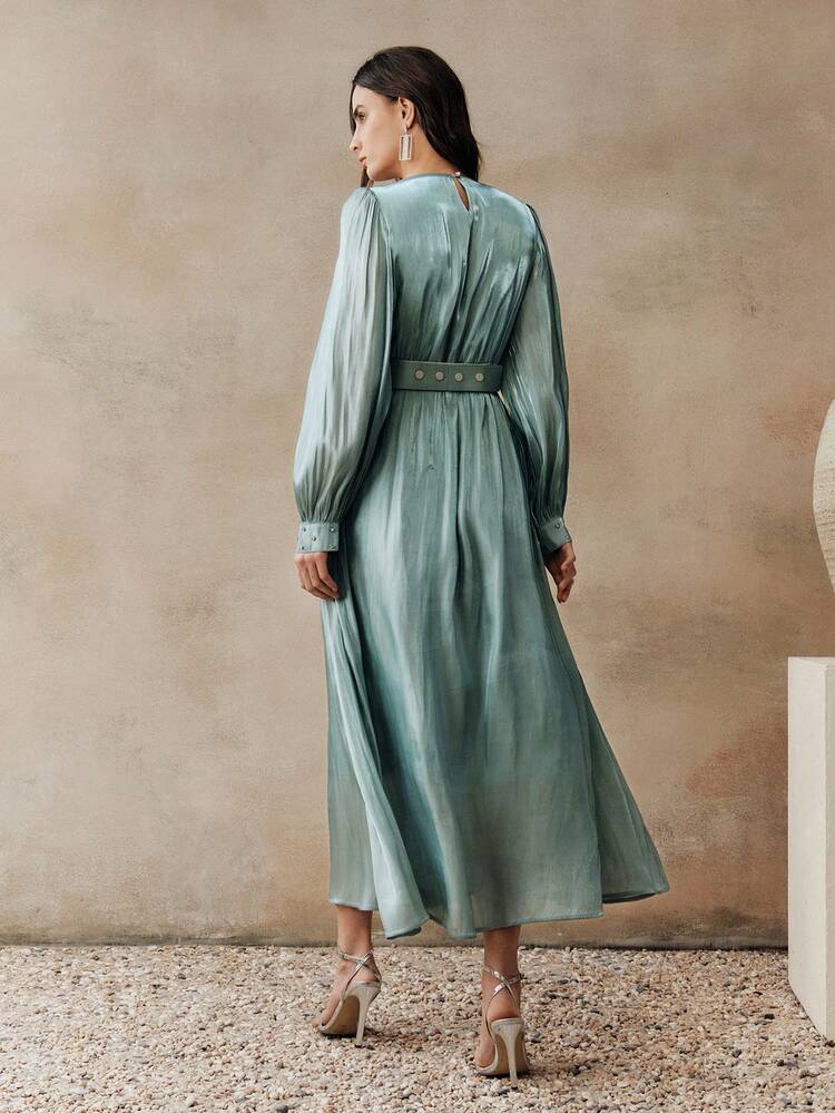 Women's Autumn/Winter Party Dress With Metal Rhinestone Tassel Belt, Flared Skirt, Satin Waist Cinched Classic Dress