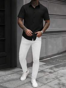 Manfinity Homme Camisa de manga corta casual y de negocios para hombres en color blanco - Negro - Ver 4