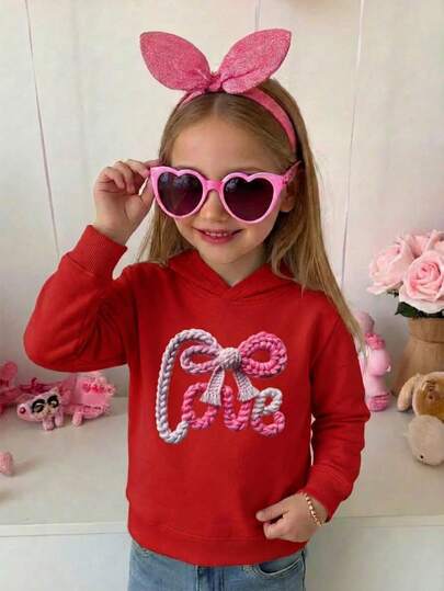 Niña estilo casual sudadera con capucha lazo lettering LOVE impresión tela suave color sólido ajuste holgado primavera‑otoño uso diario sudadera