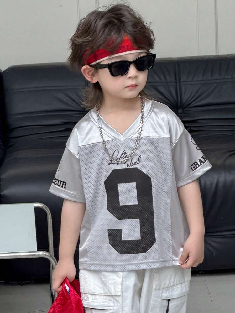 Young Boys' V-Neck Letter & Number Print Casual Versatile Daily Wear Short Sleeve T-Shirt Spring Summer