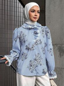 DAZY Women's Elegant Floral Lace Patchwork Blouse, Spring/Summer Long Sleeve - Blue - View 3