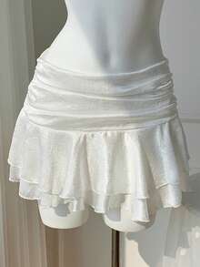Comfortcana Women's Cute White Summer A-Line Skirt,Fashionable Solid Color Waist Ruched Double Ruffle Hem Beach Vacation Y2k Mini Skirt For Valentine's Day - Champagne - View 6