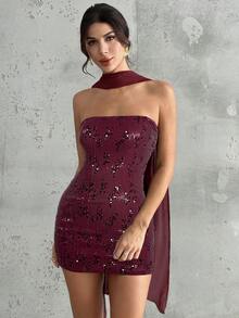 Firerie Đầm mini cúp ngực buộc dây eo bằng vải sequin bóng bẩy, thanh lịch dành cho nữ, thích hợp cho các buổi tiệc tùng, lễ hội, thời trang thu đông, dự tiệc cưới, trang phục gợi cảm đi club. - Màu Đỏ Sâu - Xem 3