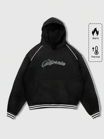 Felpa con cappuccio casual e calda da uomo con grafica a lettera, autunnale