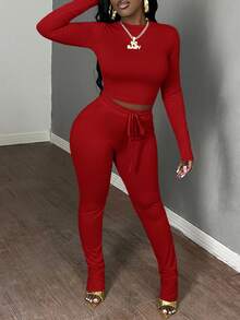 Slaydiva 两件套女士休闲基础款秋冬圆领长袖紧身露脐上衣和抽绳松紧腰修身裤运动套装 - 紅色 - 查看 3