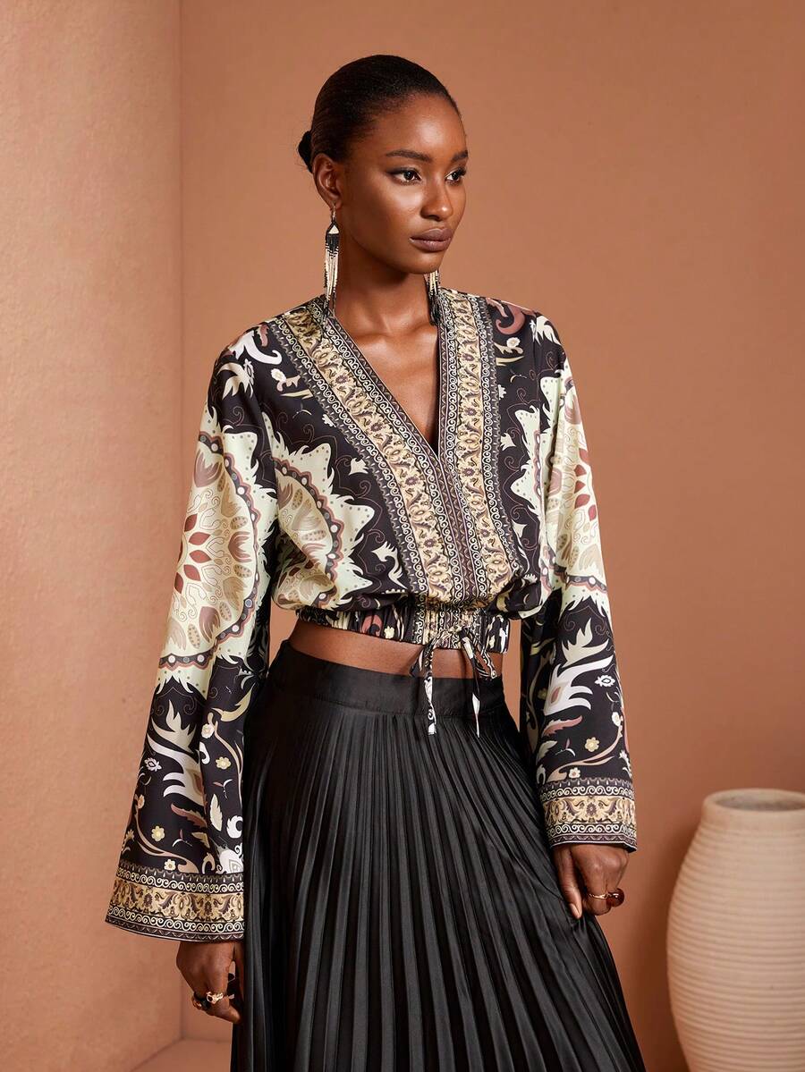 JIAN LASALA All-Over Print Woven V Neck Flared Bell Long Sleeves Elastic Waist Drawstring Loose Women Top For Women Resort Wear Beach Wedding Guest - Multicolor - View 1