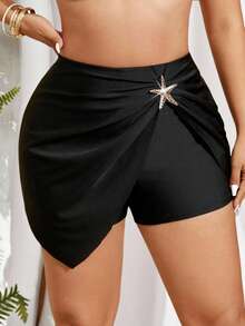 SHEIN Swim Curve 大码女式黑色单星装饰荷叶边下摆时尚简约泳裤、沙滩度假装、夏季 - 黑色 - 查看 4