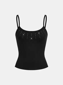 ROMWE Grunge Punk Y2K Sexy Punk Rivet Design Versatile Cropped Camisole For Women - Black - View 1