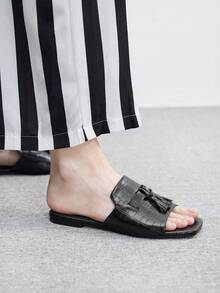 CUCCOO BIZCHIC 女士时尚百搭流苏装饰咖啡色平底拖鞋，轻便舒适，一脚蹬平底凉鞋 - 石頭紋黑 - 查看 4