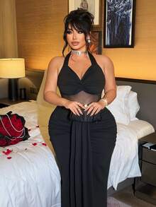 NU&NOW Elegant Black Halter Midi Dress Plus Size Ruched Sleeveless Knitted Fabric,Winter Holiday Outfits,Luxury Dinner Evening Dresses For Women,Ruffle - Black - View 4