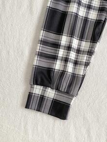 2 件套女士休闲可爱熊印花上衣和经典格子紧身裤家居服套装，舒适贴身 - 黑與白 - 查看 7