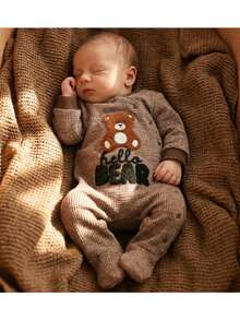 Loomiva 新生女宝宝卡通熊图案针织柔软撞色圆领长袖连体衣 - 棕色 - 查看 1
