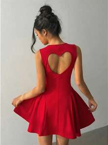 Aloruh 浪漫约会之夜情人节红色大翻领露背无袖修身荷叶边迷你连衣裙（女款）