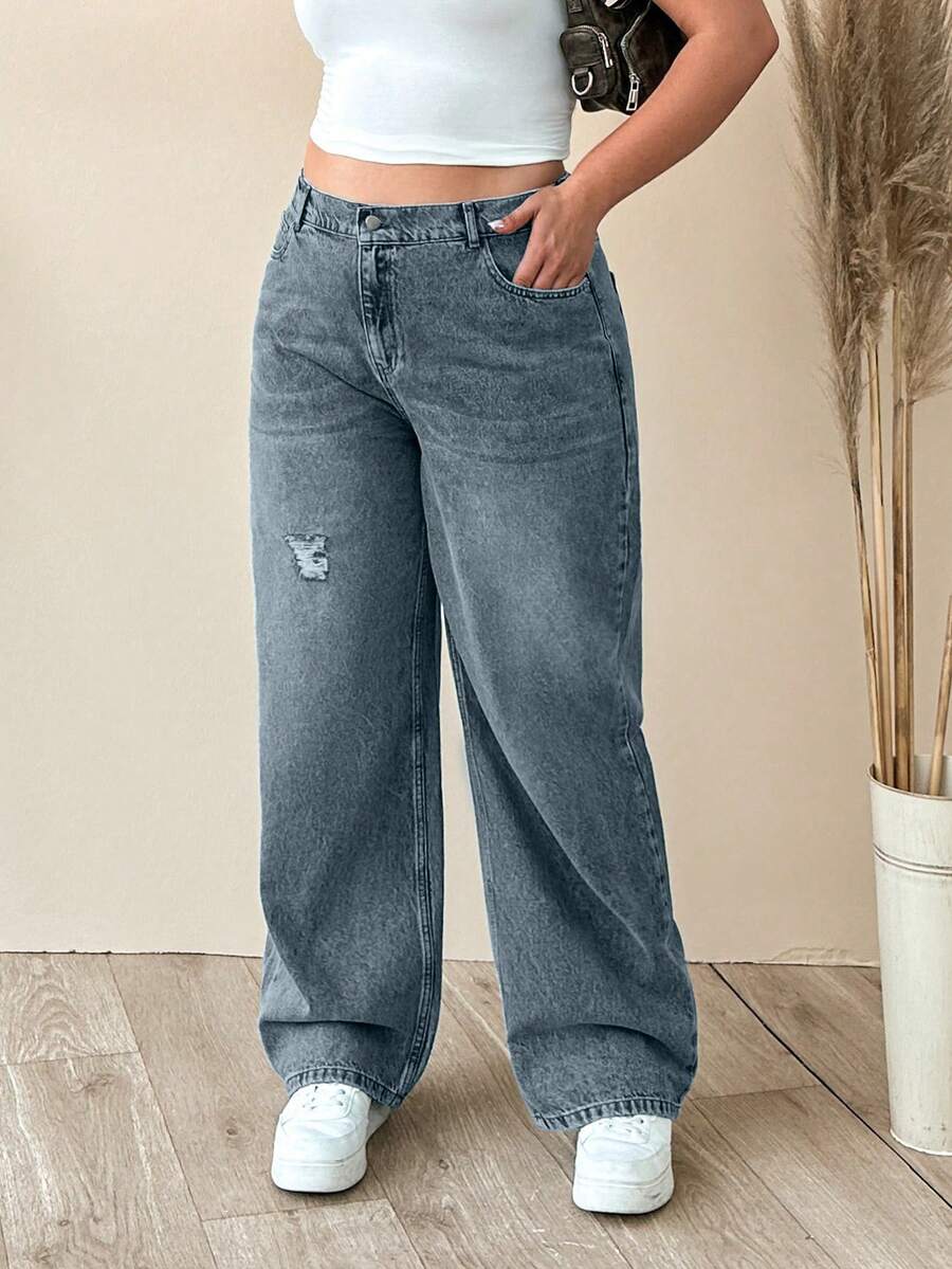 EURMUSE 100% Cotton Plus Size Women's Mid-Blue Elastic Waist Straight Leg Jeans - Light Wash - View 1
