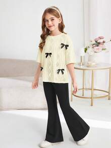 SHEIN Serisse Kids Tween Girls Loose Knit Jacquard Crew Neck Pullover Top And Flare Pants 2 Pieces Set - Mustard Yellow - View 8