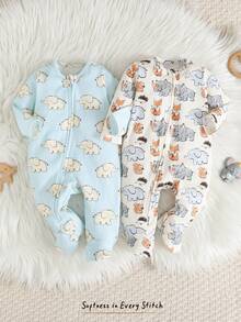 Cozy Pixies Conjunto de 2 piezas de pijama de algodón con estampado de animales para bebé recién nacido niña, mameluco de punto suave con cuello redondo y manga larga, pijama con cremallera de 2 vías y pies para dormir - Multicolor - Ver 3