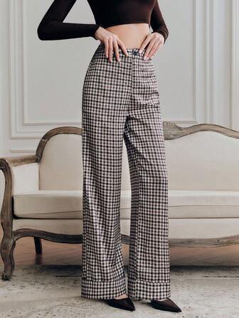 Anewsta Pantalones rectos de traje elegantes a cuadros con bolsillos para mujer