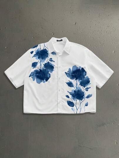 StoneGrade Chinese Style Blue & White Porcelain Flower Watercolor Pattern Men's Casual Short Sleeve Shirt With Full Print