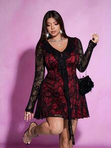 Viva Relle Valentine Plus Size V-Neck Long Sleeve Sheer Elegant Waist Dress - Burgundy - View 3