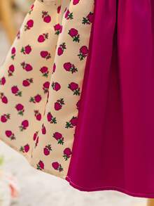 SHEIN Baby Girl Floral Print Ribbon Trim Round Neck Short Sleeve Dress - Hot Pink - View 5