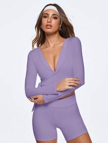 Eassivo Eassivo Women's Purple Wrap V Neck Long Sleeve Crop Top,Stretchy Yoga Outfits, Pink Gym Activewear,Light Pink Top,Women's Casual Sports Tie-Up Long Sleeve T-Shirt - Purple - View 4