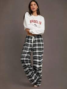 Siren Gaze Women's Casual Tie-Waist Plaid Wide Leg Loose Pants Plaid Pants Drawstring Pants Spring Black - Black - View 3