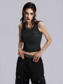 Breakform Women's Punk Floral Jacquard Ribbed Rhinestone Decor Sleeveless Cropped Tank Top, Suitable For Daily Wear - Black - View 6