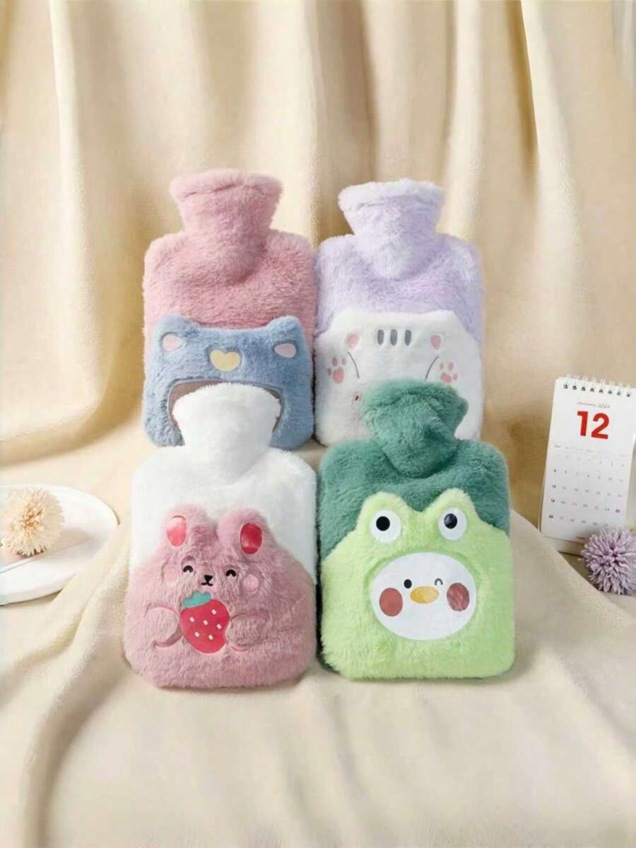 POKOJA LAND Winter Plush Hot Water Bag Cartoon Design Thickened PVC Warm Bottle Removable Cover Cold Weather Aid(The Color Of The Expression Accessories Is Random.) - Multicolor - View 1