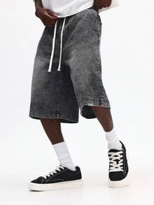 SUMWON 复古水洗牛仔长款紧身裤，宽松舒适，及膝长度，抽绳腰带，阔腿设计，休闲夏季沙滩短裤 - 灰色 - 查看 1