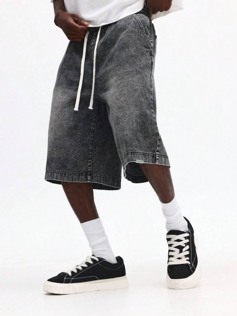 SUMWON 复古水洗牛仔长款紧身裤，宽松舒适，及膝长度，抽绳腰带，阔腿设计，休闲夏季沙滩短裤 - 灰色 - 查看 1