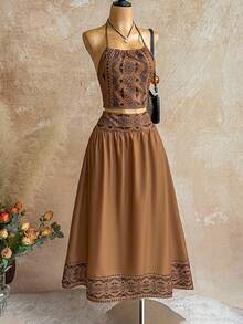 Soleia 2 件波西米亚度假露背系带流苏上衣和流苏印花焦糖色半身裙套装，适合派对、约会、情人节、复活节、狂欢节、下午茶、海滩、游轮、城市度假、秋冬 - 銅色 - 查看 5