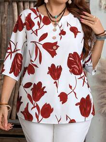 EMERY ROSE Plus Size Women's Summer Casual Vacation Floral Print Notched Neck 3/4 Sleeve Loose Blouse, Spring/Summer,Spring Break,Vacation,Holiday,Going Out,2026 New,Simple And Fashionable For Everyday Wear - Multicolor - View 5