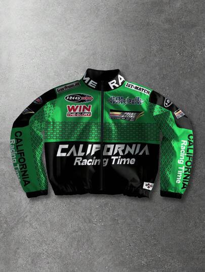 ROMWE MEN 男士字母印花长袖拉链宽松休闲夹克