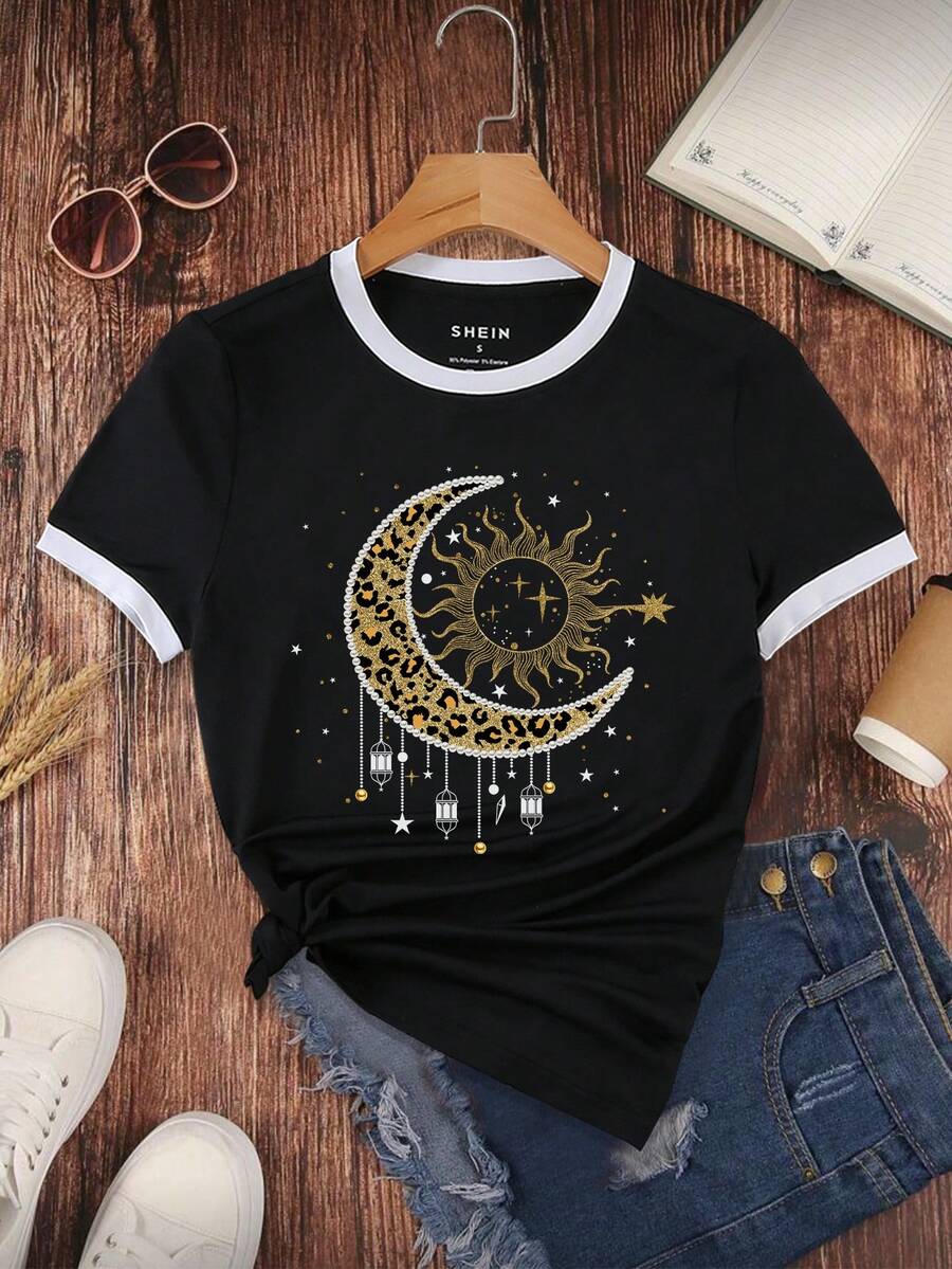 EMERY ROSE Women's Colorblock Moon Print Short Sleeve Casual Round Neck T-Shirt - Black - View 1
