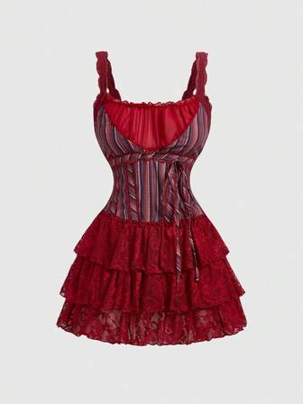 Academia Abito mini vintage con colletto quadrato e pizzo a righe, adatto per l'abbigliamento da ufficio