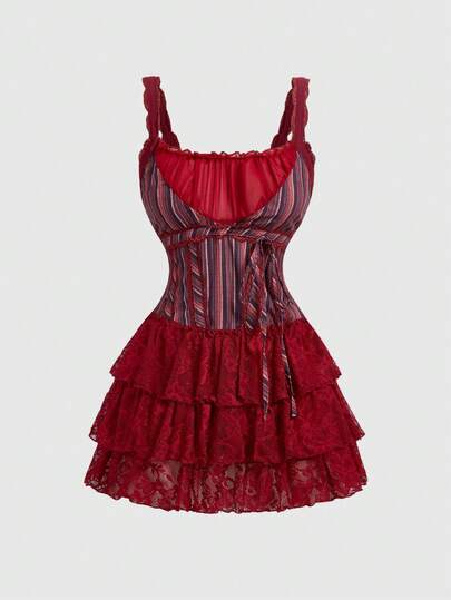 Academia Vintage gestreiftes Minikleid mit quadratischem Kragen und Spitze, geeignet für Büromode