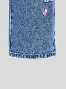 SHEIN Genkimix Kids Tween Girls 2025 Autumn & Winter Fashion Heart Embroidery Sweater And Distressed Wide Leg Jeans Set - Medium Wash - View 8