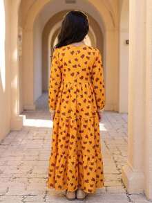 SHEIN Tween Girl Floral Retro Print Dress - Yellow - View 2