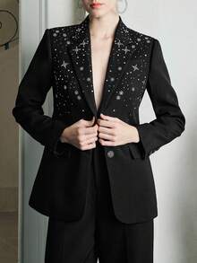 Anewsta Asymmetrical Star Rhinestone Decor Lapel Long Sleeve Women's Blazer Jacket, Chic & Party - Black - View 8