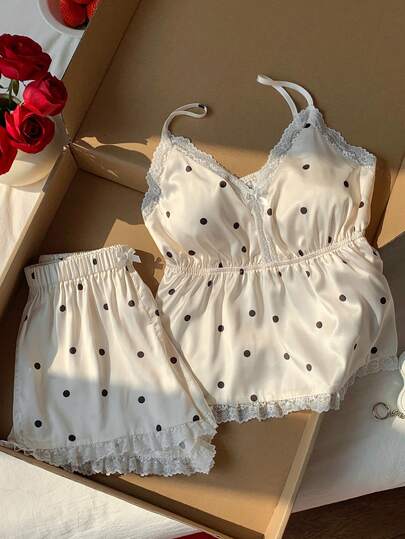 Comfortcana 2026 New Arrival Spring/Summer Fashionable Summer Knitted Camisole Top With Padded Bra And Shorts Lace Trim Set Summer Outfits For Women Valentine's Day Beach Outfit  Vacation Outfits Women 2000s Style Polka Dot Sets Women's Vacation Wear, American Casual, Valentine's Day, Carnival, Home Leisure, Beach, Holiday Summer Outfits For Women Spring Spring Break Outfits   Spring Clothes Women  Vacation Graduation  Women  Wedding   Party  Ceremony  Elegant  Vacation Outfits Casual Casual Women's Outfits  Beach Vacation Outfits For Women Summer Vacation Outfits   Luxury Polka Dot Lace Pajama Sets Soft And Smooth Elegant And Cute Sexy Girly Pajama Sets  Vacation Sets