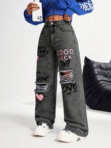 SHEIN PETITE Women's Casual Distressed Straight Leg Jeans, Blue Print - Dark Grey - View 7