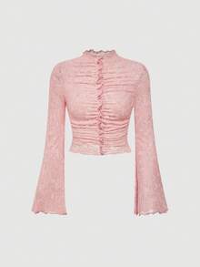 SHEIN MOD Women's Vintage Lace Jacquard Ruffle Long Sleeve Blouse, Spring, Valentine's Day ,Carnival Costumes ,Western Style, Retro Style, 70s Style, Single Party Style