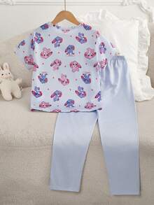 少女卡通印花圆领短袖上衣和裤子休闲家居服套装 - 藍色 - 查看 3
