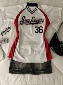 Glimmora 女士字母印花V领插肩短袖休闲T恤 - 彩色 - 查看 4