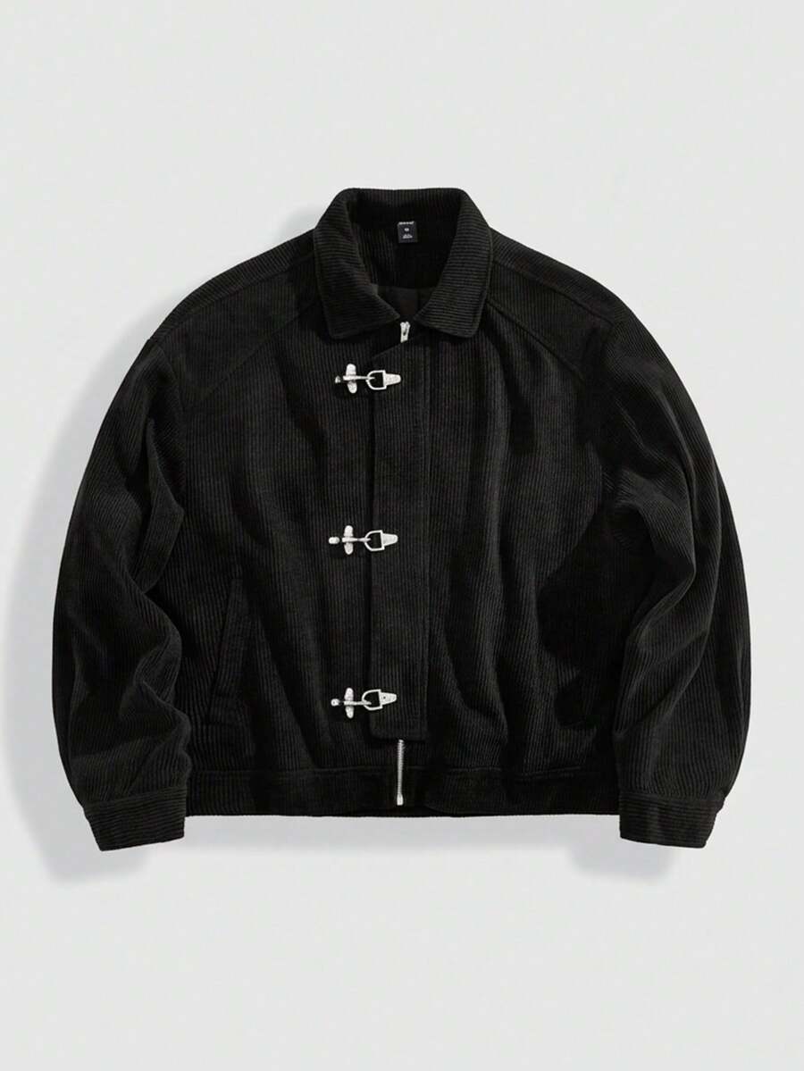 ROMWE MEN Street Life Men's Corduroy Raglan Sleeve Metal Button Collar Jacket - Black - View 1