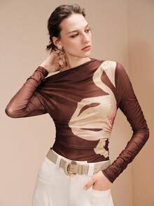 Revavyn Blusa elegante y ajustada con estampado floral y transparencia para mujer - Marrón - Ver 4