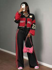 Slaydiva 2pcs/Set Women's Back To School Outfit, Casual Vintage College Style Jacket With Zipper Front And Straight Leg Pants, Suitable For Autumn/Winter, Streetwear, Business, Daily Wear - Red - View 1