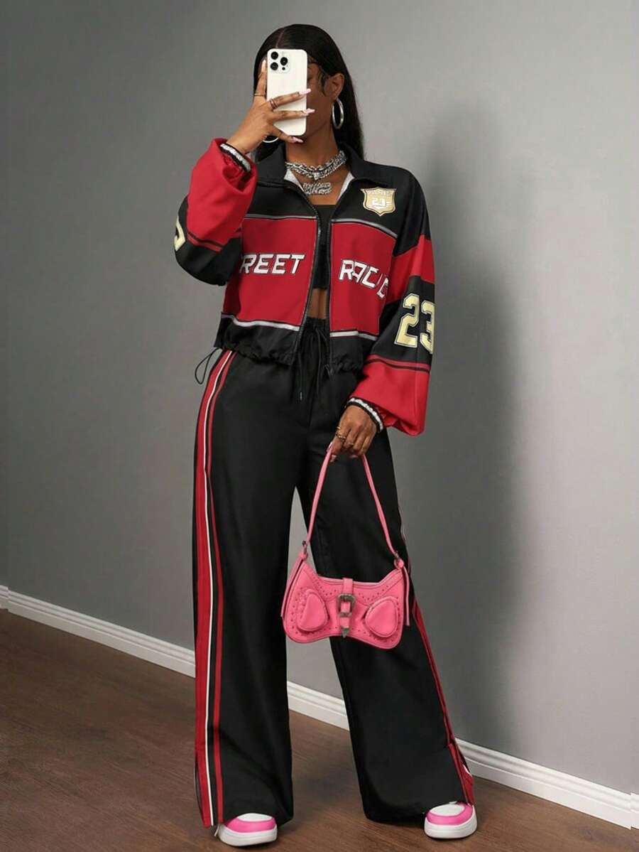 Slaydiva 2pcs/Set Women's Back To School Outfit, Casual Vintage College Style Jacket With Zipper Front And Straight Leg Pants, Suitable For Autumn/Winter, Streetwear, Business, Daily Wear - Red - View 1